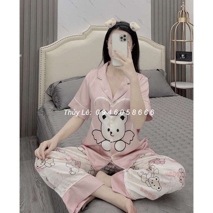 Bộ ngủ lụa cộc tay quần dài MẪU MỚI, chất lụa satin mềm mịn, mát, không bai xù. Tem SAM, freesize 40-60kg.