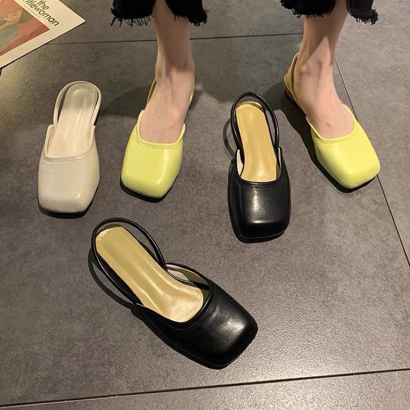 Giày sandal mũi vuông hở gót đế 3cm màu trơn ulzzang