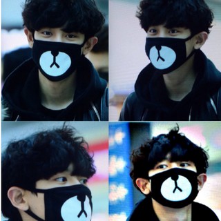 Khẩu Trang Cotton Chống Bụi Màu Đen In Hình Gấu Dễ Thương