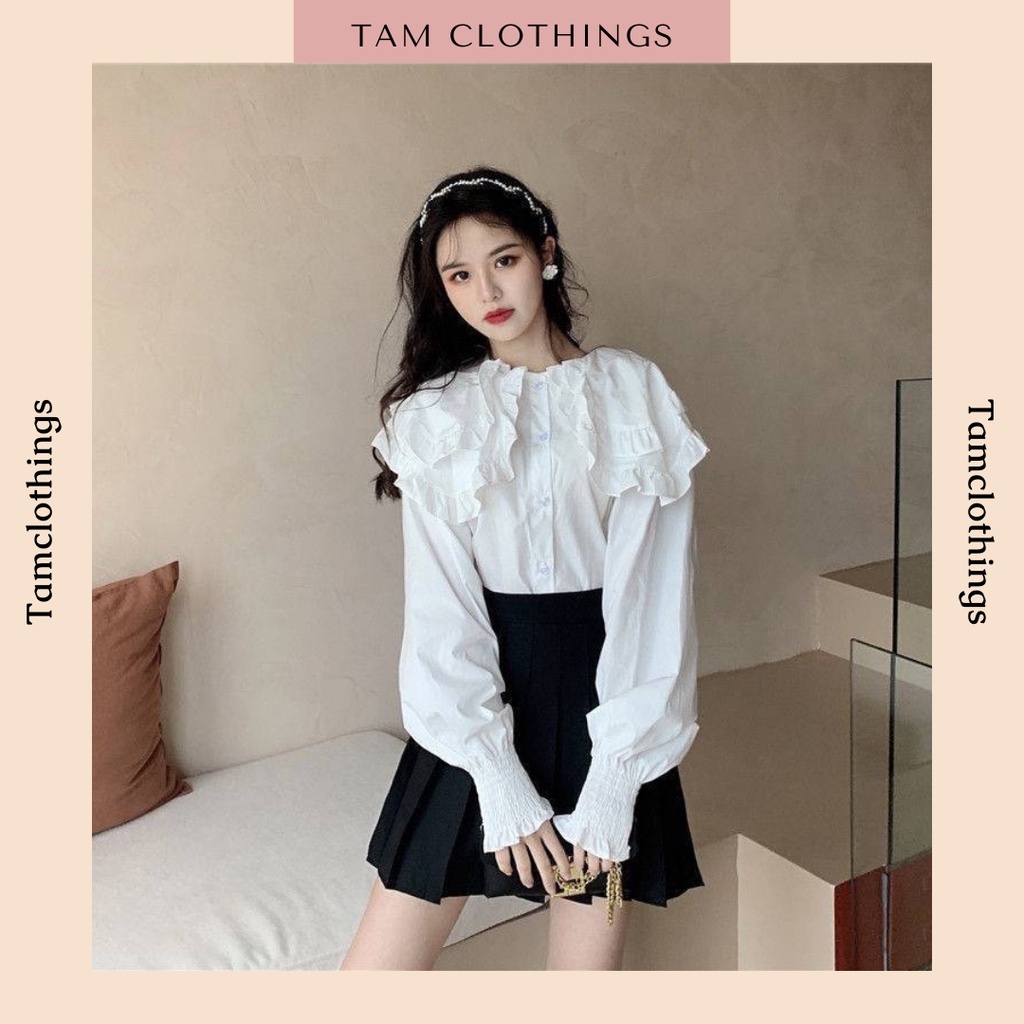 Sơ mi trắng tiểu thư cổ bèo hai lớp tay bồng bo chun hàng loại đẹp mặc đi học đi làm đi chơi TÂM Clothings