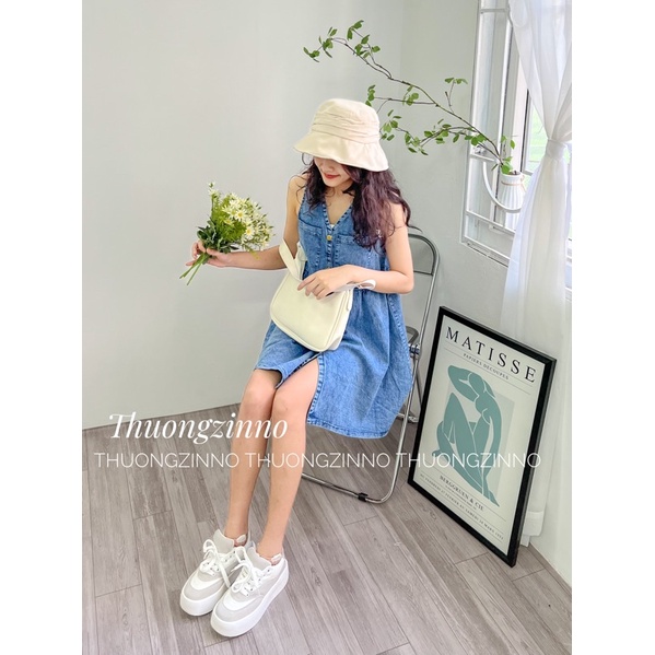 [Ảnh thật/Video]Váy Denim sát nách Dáng Rộng Phong Cách Cổ Điển Váy bò không tay Thời Trang Hàn