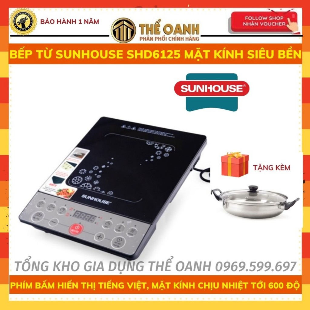 Bếp Từ [𝐅𝐑𝐄𝐄𝐒𝐇𝐈𝐏] Bếp điện từ SUNHOUSE SHD6125 bền đẹp, tiết kiệm điện - Tặng kèm nồi lẩu