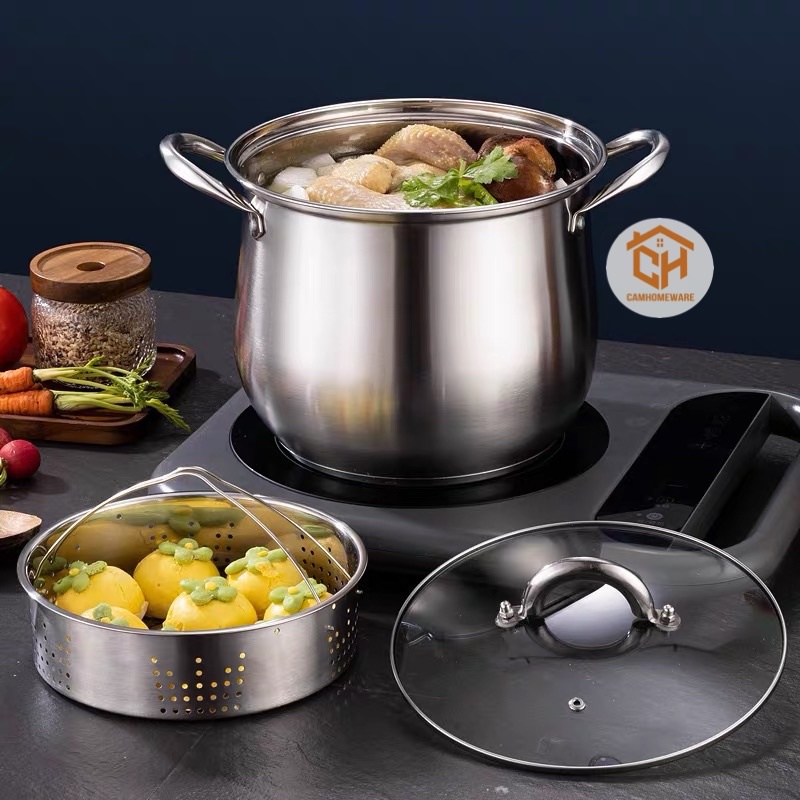 Nồi Inox 304 Sâu Lòng 22cm Chuyên Dùng Nấu Cháo, Súp, Luộc Gà Cam Homeware