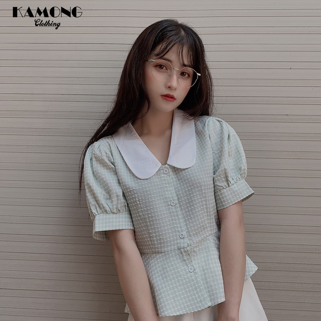 Áo kiểu croptop caro cổ sen KAMONG A046 | BigBuy360 - bigbuy360.vn