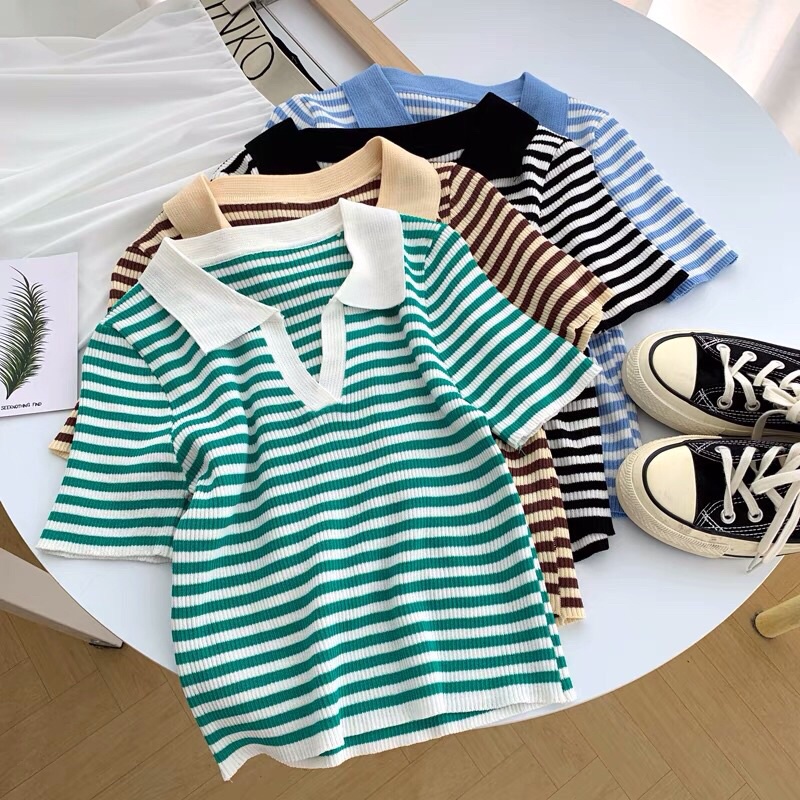 áo len dệt kim sọc kẻ ngang dáng croptop