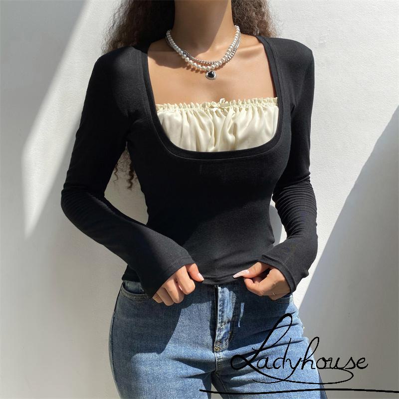 Áo Thun Dài Tay Cổ Vuông Giả 2 Lớp Thời Trang Cho Nữ