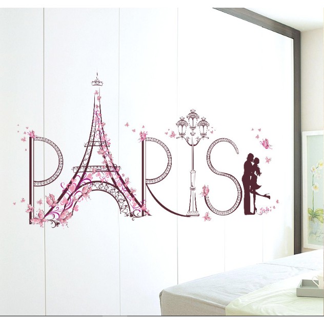 Decal trang trí tường - Tháp PARIS Bướm Hồng Romantic