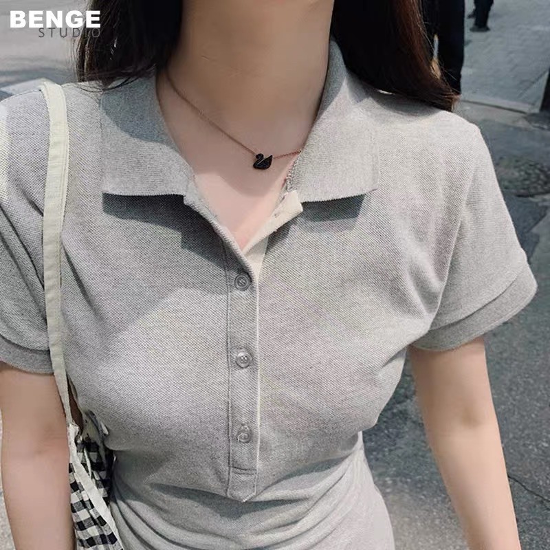 (HÀNG SẴN)Váy thun POLO cổ bẻ MORAN dáng dài thắt eo vintage style Hong Kong (HÀNG MỚI 2021)