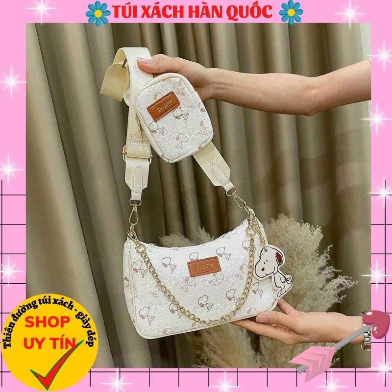 Túi kẹp nách nữ kèm ví nhỏ, Túi đeo chéo Snoopy họa tiết cún dễ thương da mềm cực xinh HQ 401