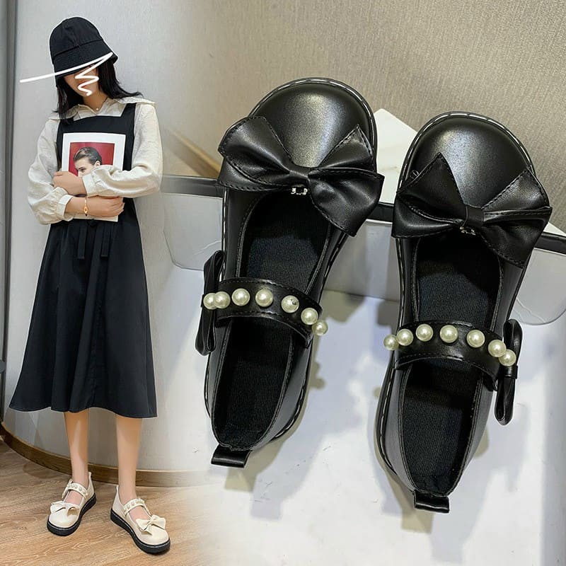 Giày lolita gắn nơ quai ngang đính ngọc siêu xinh - màu đen/kem
