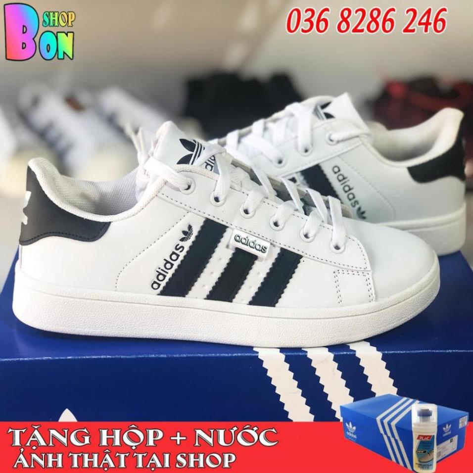 Giày Adidas Trơn 3 Sọc Đen Trắng Size Nam Nữ Tặng Kèm . 2020 Xịn Nhẩt 2021 $ * * `
