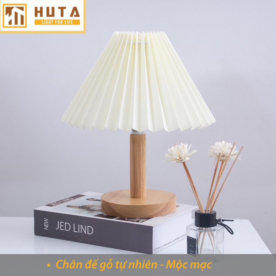 Đèn Ngủ Gỗ Để Bàn Vintage Điều Chỉnh Độ Sáng, Ánh Sáng Led Vàng Ấm, Chao Xếp Ly, Dùng Trang Trí Decor Phòng Ngủ, Mã G5