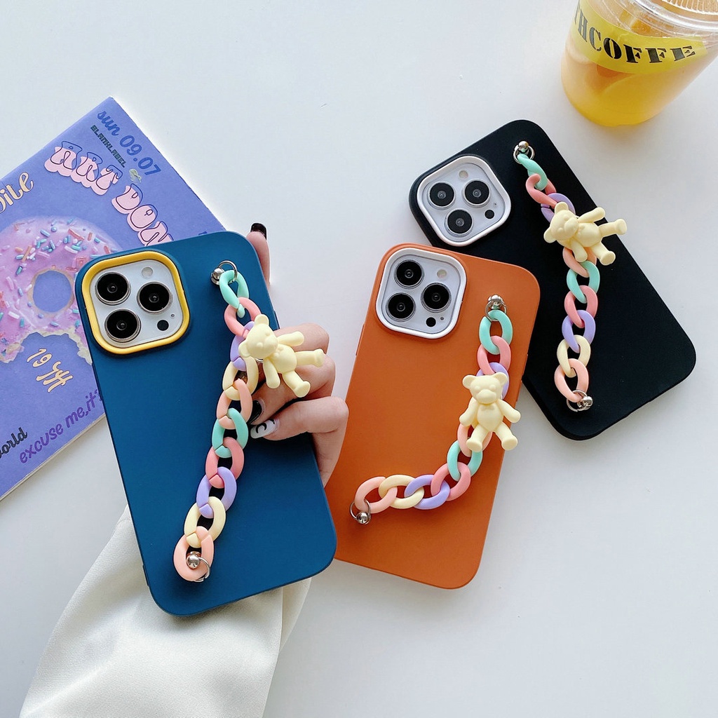 Samsung A52 A52S A02 A12 A32 A50 A50S A30S A02S A03S A10S A20S A72 M12 M02 Bear Bracelet Silicon Shockproof Soft Case 3 in 1 Candy Phone Cover