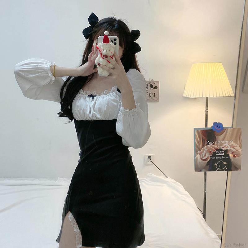 Đầm 2 mảnh dáng ôm xẻ tà tay phồng cổ vuông phối ren tương phản thời trang Pháp cho nữ | BigBuy360 - bigbuy360.vn