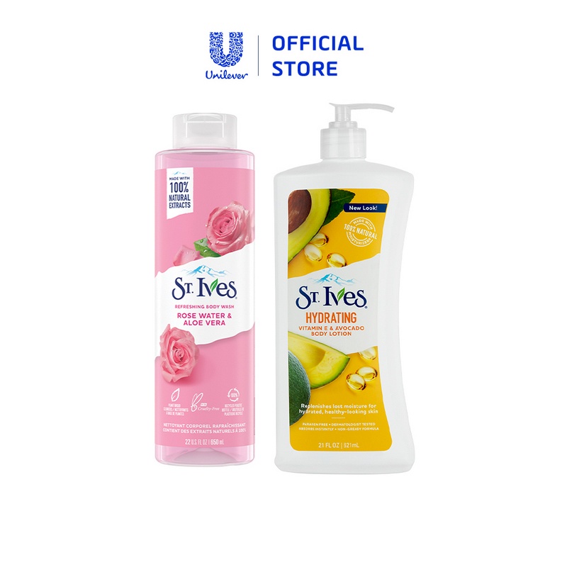 [Mã COSUI5 giảm 8% đơn 150K] Combo Sữa tắm Hoa Hồng và Lô Hội 650ml &amp; Sữa dưỡng thể St.Ives E và bơ 621ml