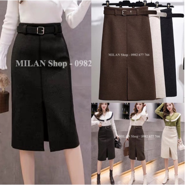 Chân váy dạ dài qua gối kèm đai trơn phom rộng