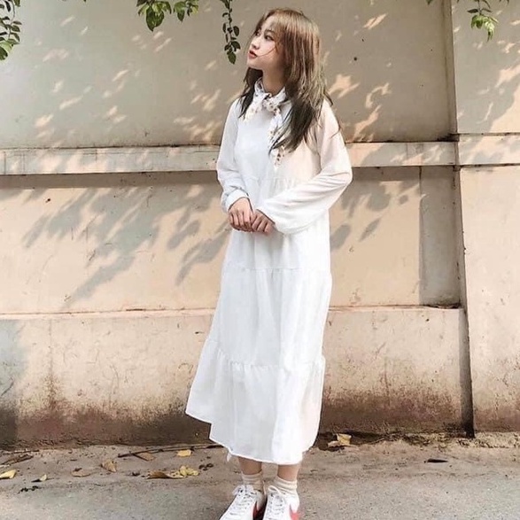 Váy babydoll nữ màu trắng tay dài phong cách vintage – Đầm midi dáng suông 4 tầng bánh bèo tiểu thư cá tính ulzzang HOT