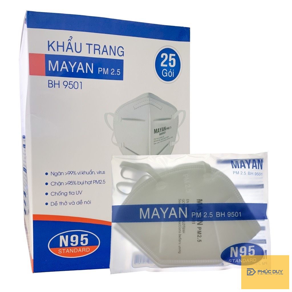 HỘP 60 Cái Khẩu Trang Mayan BH9501 Chuẩn N95 Ngăn Vi Khuẩn 99%, Lọc Bụi 95% PM2.5