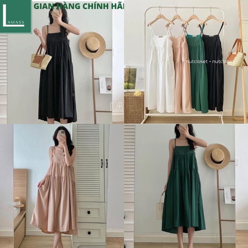 Đầm babydoll 2 dây V10 kiểu dáng hàn quốc ULZZANG tiểu thư dễ thương maxi đi biển váy dự tiệc chữ A xèo bồng -LAMASS