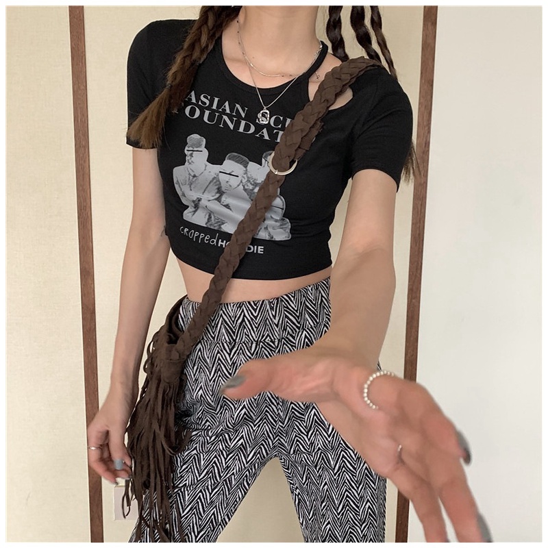 Áo Thun Croptop Ngắn Tay Form Ôm In Họa Tiết Phong Cách Vintage