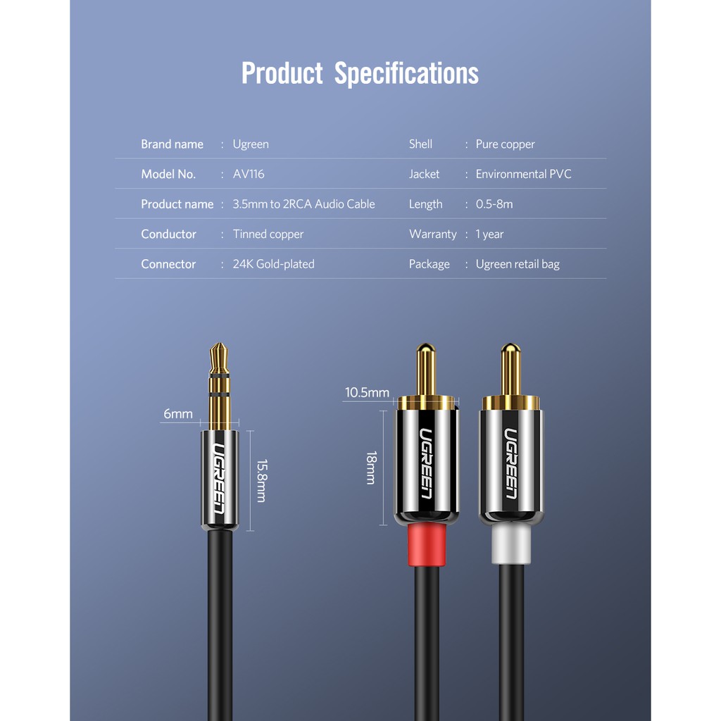 Dây Audio 3.5mm ra 2 đầu RCA Hoa sen UGREEN AV116