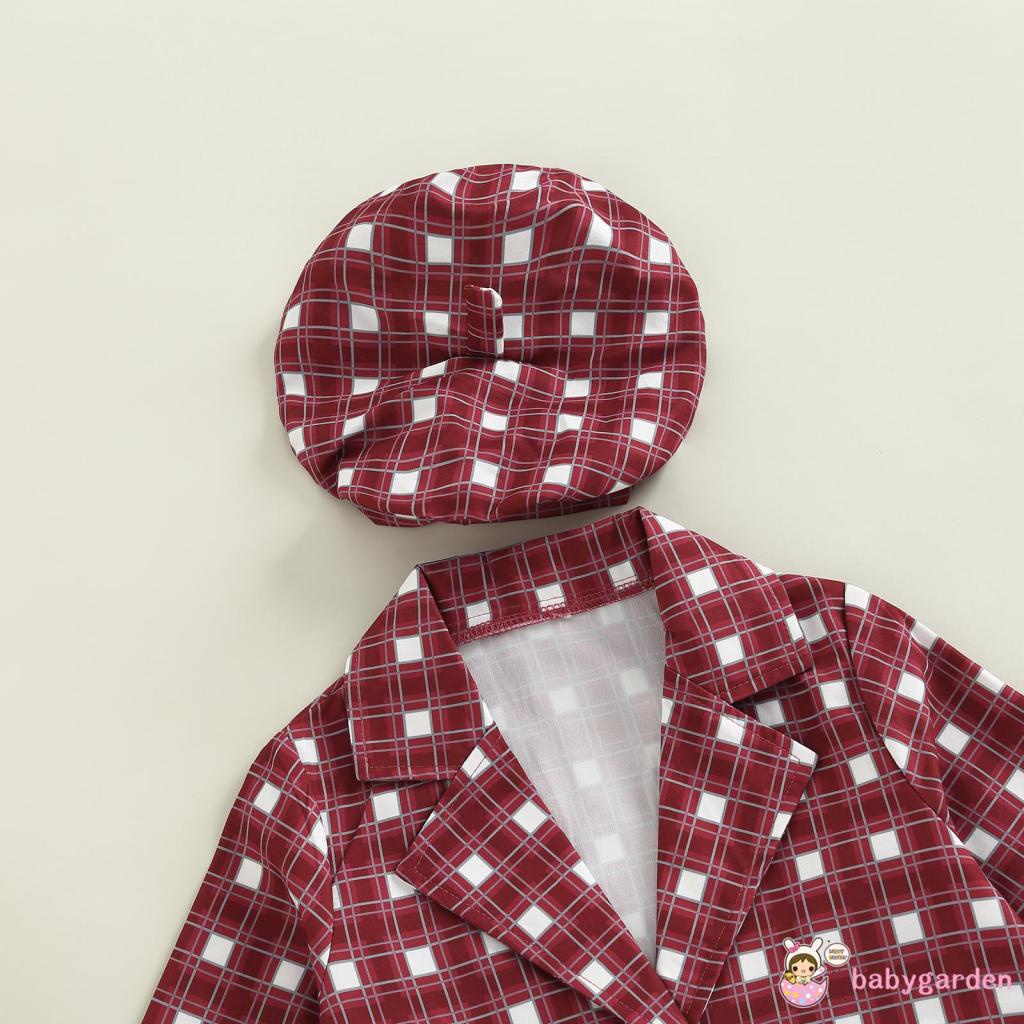 Bộ Trang Phục 4 Món Áo Khoác Tay Dài + Chân Váy + Mũ Beret Họa Tiết Kẻ Sọc Thời Trang Mùa Thu Cho Bé Gái 3-7 Tuổi