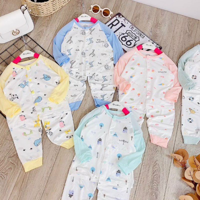 Bộ Quần Áo Dài Unchi Cúc Giữa Vải Petit Mềm Mát Cho Bé 3-9kg