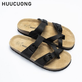 Dép unisex  HuuCuong xỏ ngón da bò đen đế trấu