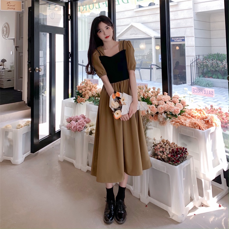 Đầm Dáng Dài Cổ Vuông Chiết Eo Kiểu Retro Thời Trang Mùa Hè Xinh Xắn Cho Nữ