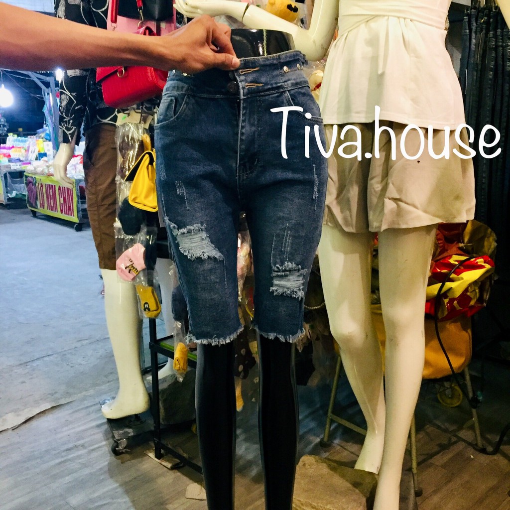 Quần jean ngố lưng cao có độ co dãn chất vải jean dày dặn kiểu lưng đinh eo