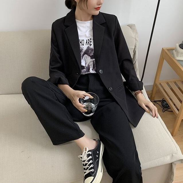Áo khoác blazer dáng rộng màu đen phong cách Hàn Quốc thời trang thu đông cho nữ