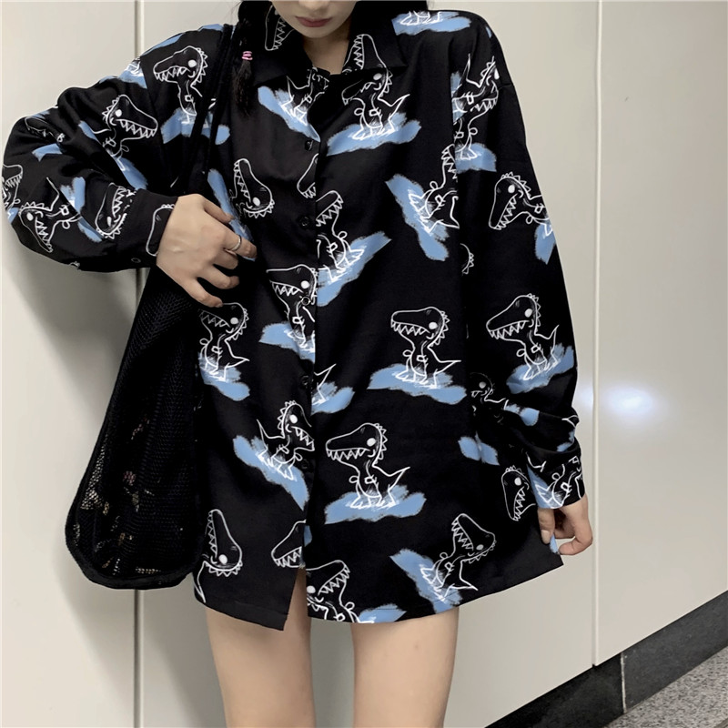 Women's Retro Print Korean Top Fashion Loose Dinosaur Long Sleeve Shirt | WebRaoVat - webraovat.net.vn