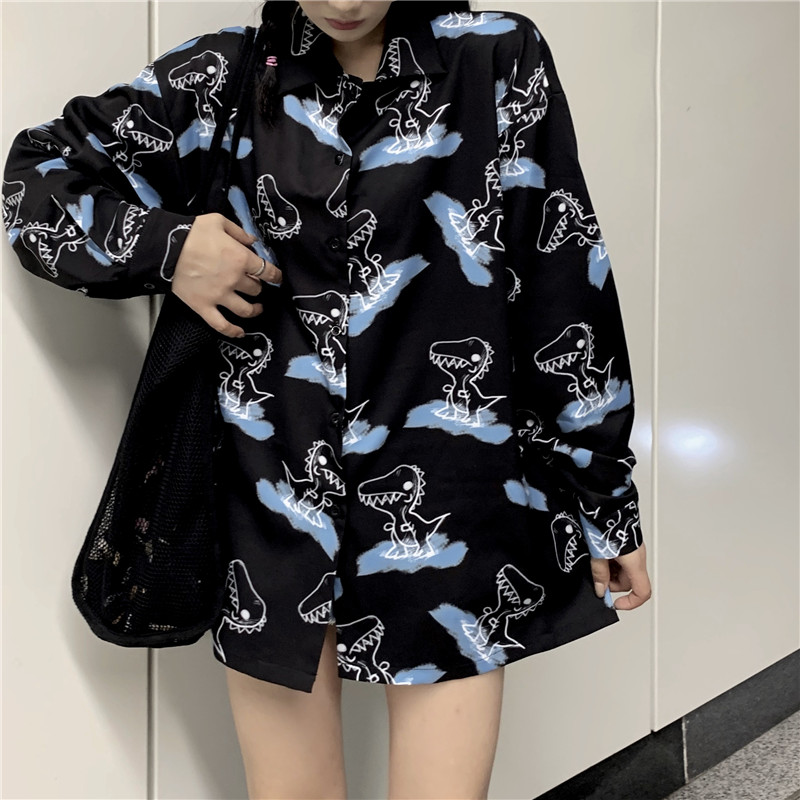 Women's Retro Print Korean Top Fashion Loose Dinosaur Long Sleeve Shirt | BigBuy360 - bigbuy360.vn