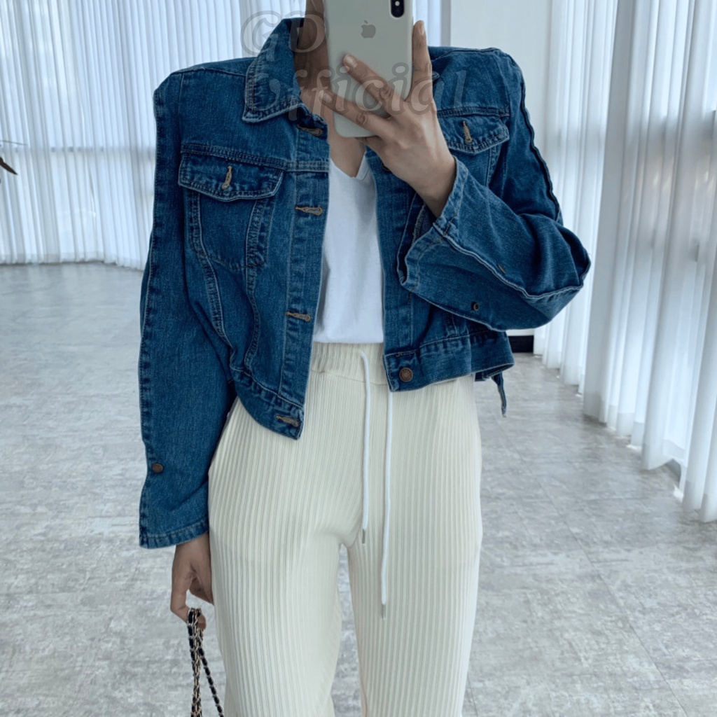 K101|Áo khoác jeans nữ dáng croptop ngắn năng động màu xanh denim GD Official