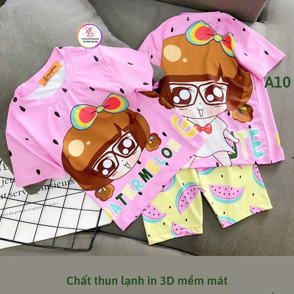 A10 Bộ thun lạnh cho bé gái ngố đùi in 3D mặc nhà size đại 22 đến 40kg