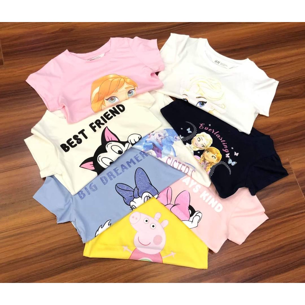 Áo cộc tay hm cho bé gái thun cotton in hình mikey , elsa dễ thương