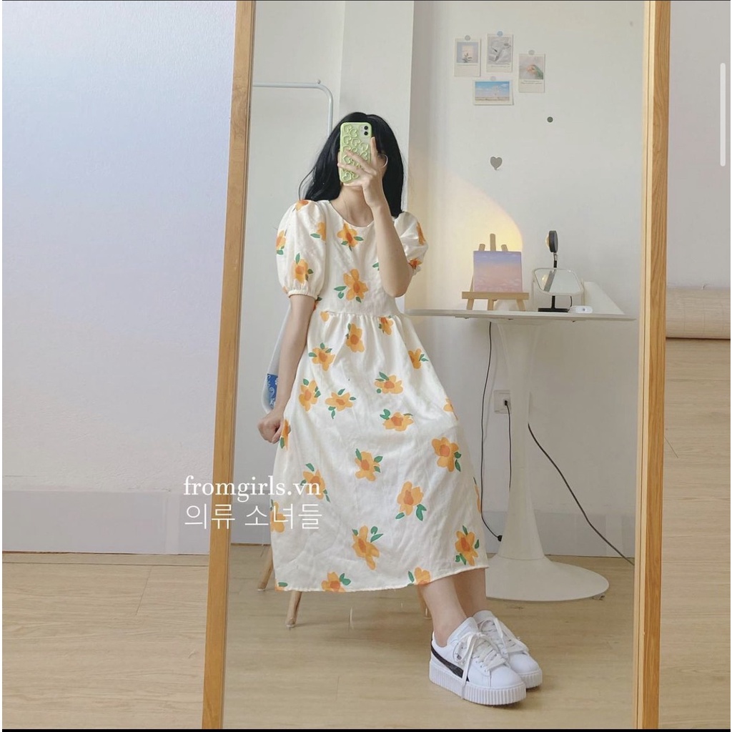 Đầm Babydoll Hoa Cam Tay Bồng Đầm Hoa Dáng Dài Siêu Xinh