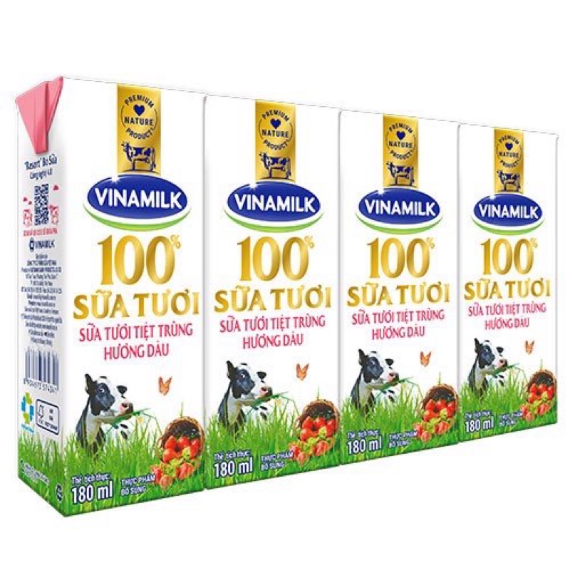 Sữa Tươi Tiệt Trùng Vinamilk 100% Hương Dâu - Lốc 4 Hộp 180ml