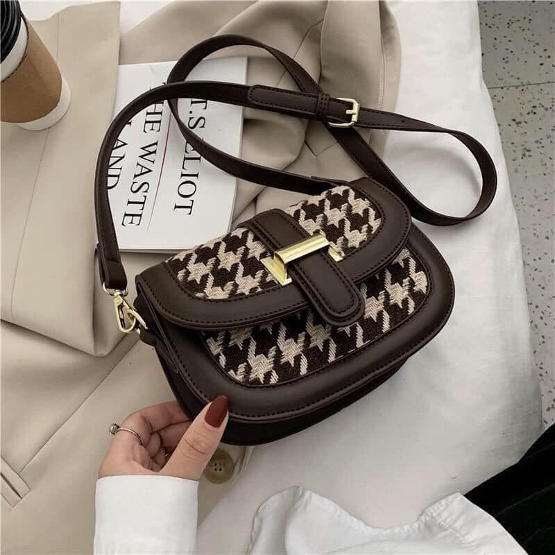 Túi Đeo Chéo Da PU Họa Tiết Caro Phong Cách Retro Cho Nữ