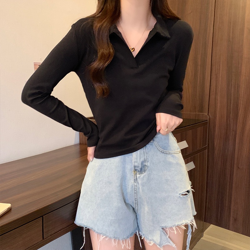 Áo Thun Polo Tay Dài Cổ Chữ v Dáng Ôm Thời Trang Mùa Thu 54670