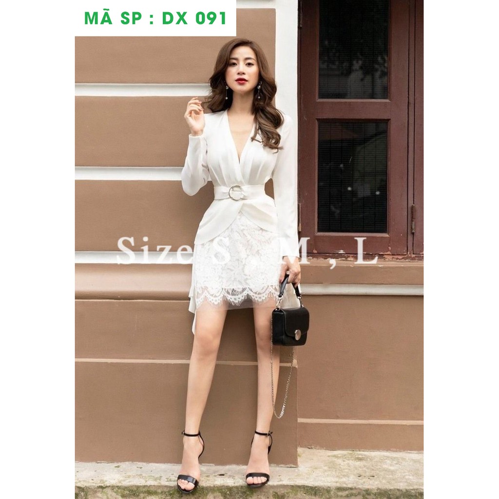 Đầm xòe tay dài cổ khoét sâu phối ren kèm đai thoitranghd