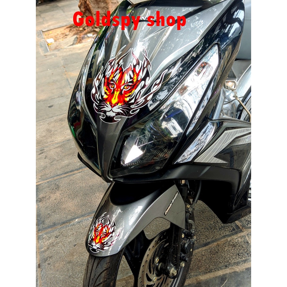 Tem decal phản quang hổ lửa dán dè trước, dán mặt nạ, dán mũ bảo hiểm, dán thân đầu xe máy.