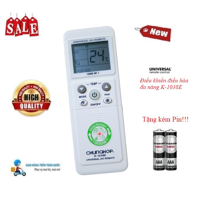 Remote điều khiển điều hoà đa năng K-1038E mới nhất cho tất cả các dòng điều hòa máy lạnh hiện nay Tặng kèm Pin!