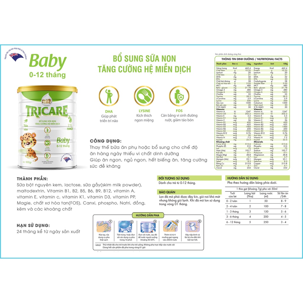 Sữa bột nguyên kem Baby Tricare hộp 400-900g, giúp phát triển trí não, cân bằng hệ vi sinh đường ruột cho bé