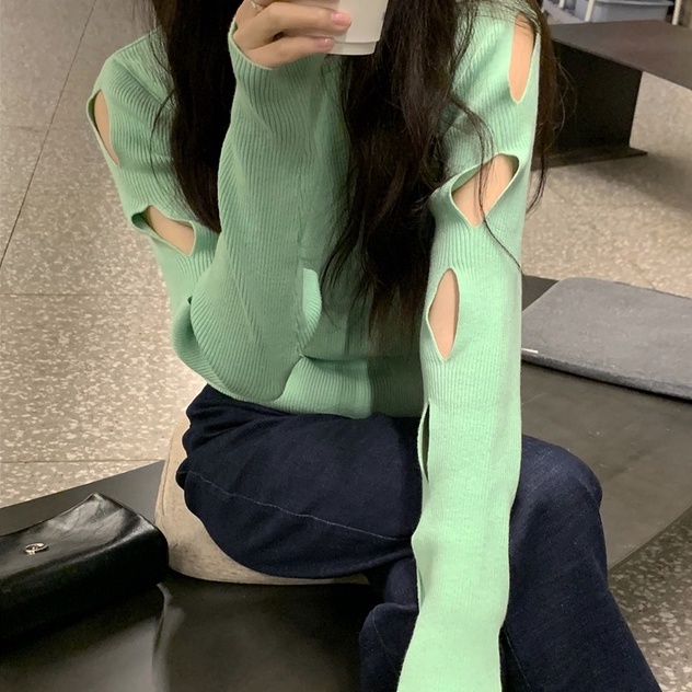 Áo dệt kim ZHELIHANGFEI tay dài khoét lỗ kiểu dáng quyến rũ cho nữ