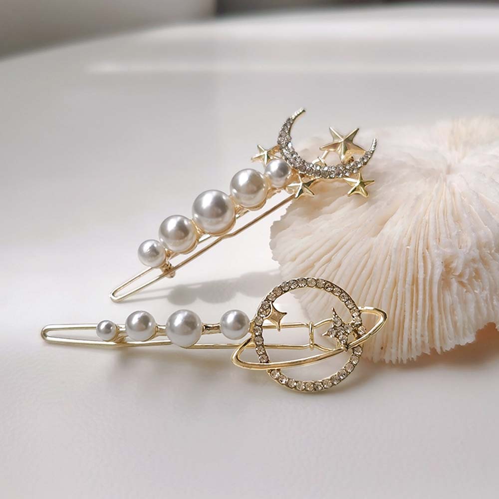Kẹp Tóc Hình Trăng Sao Đính Ngọc Trai Đơn Giản Thanh Lịch