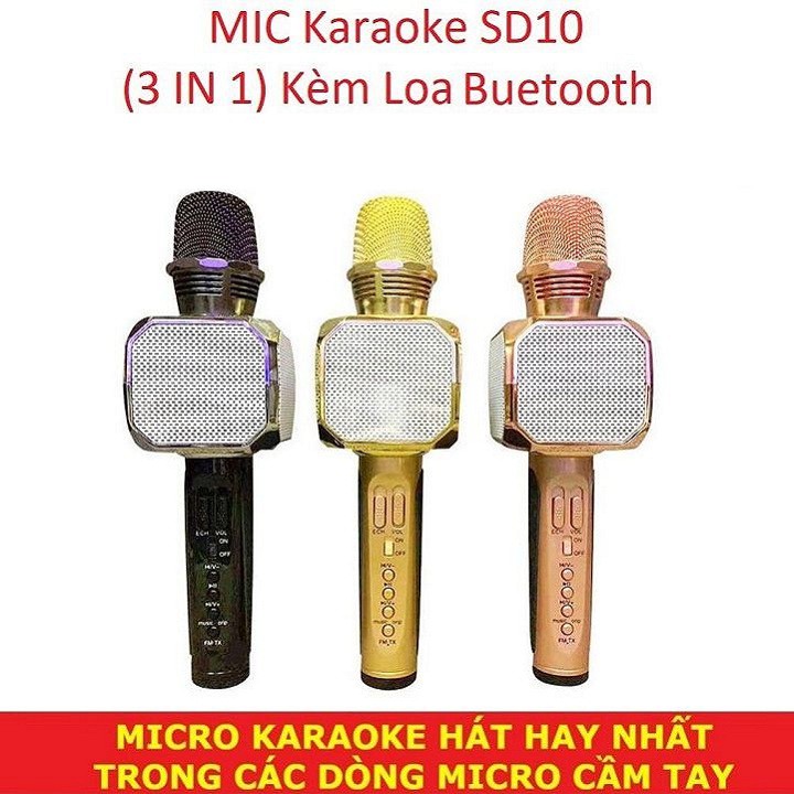 Mic Hát Karaoke, Micro Bluetooth SD-10 Tặng Củ Sạc 3 Cổng Sạc USB - Mic Hát Karaoke Kèm Loa Bluetooth Âm Thanh To Trầm