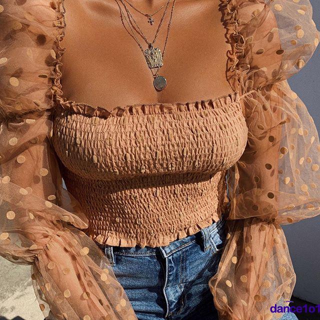 Áo Nữ Tay Dài Cổ Chữ U Họa Tiết Chấm Bi Thời Trang