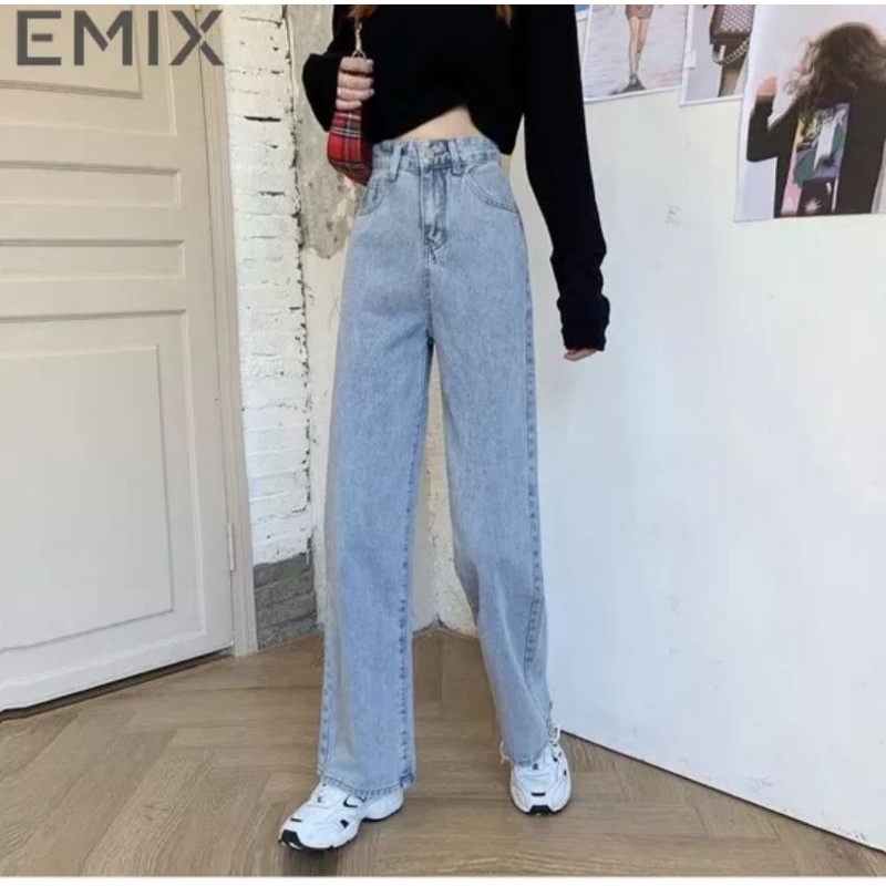Quần bò ống rộng trơn máy gấu