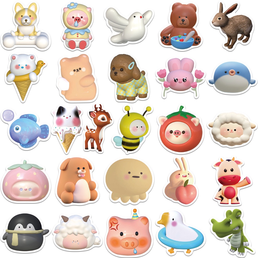 Bộ 52 Miếng Dán Hình Động Vật Hoạt Hình 3D Dễ Thương Trang Trí Tủ Lạnh/Laptop